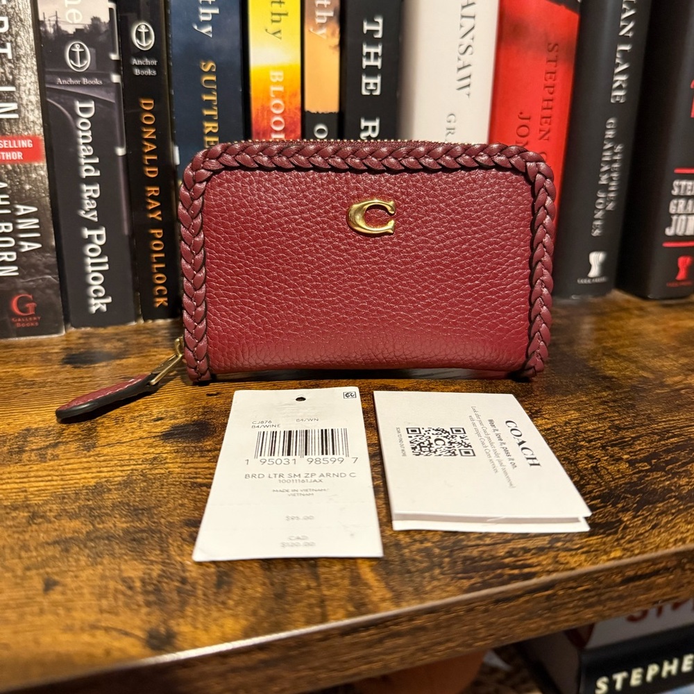 Coach braided leather trim small zip around card case